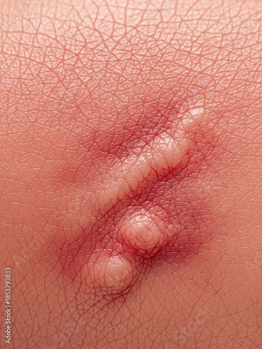 Extreme macro close-up of inflamed human skin with visible red irritation and raised blisters or pustules, medical dermatology concept, skin disease, infection or allergic reaction