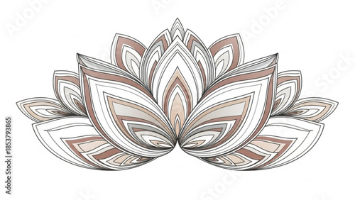 Intricate stylized lotus flower design with multicolored petals and white background for meditation and relaxation purposes effectively