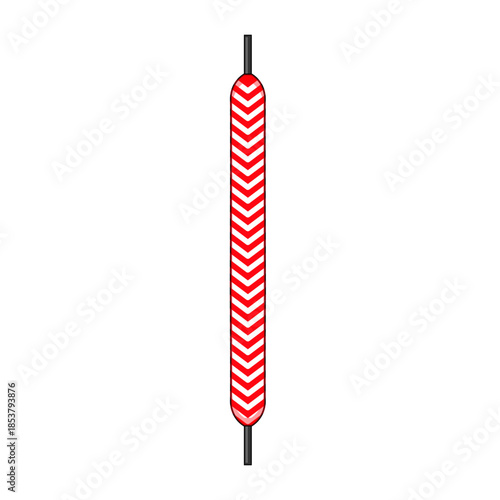 Single shoelace featuring a vivid red and white chevron pattern, complete with dark aglets, isolated against a clean white background, representing footwear accessories