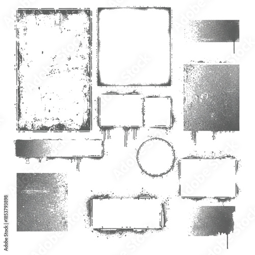 A collection of grungy frames, borders, and spray paint elements for creative design projects.