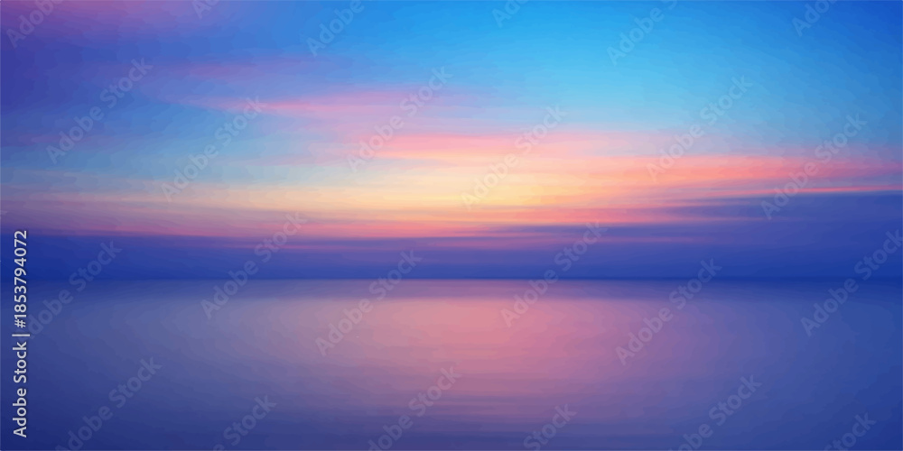 Obraz premium Beautiful sunset and sunrise over the horizon of the blue sea and ocean water where orange clouds reflect a colorful sky at dusk and dawn
