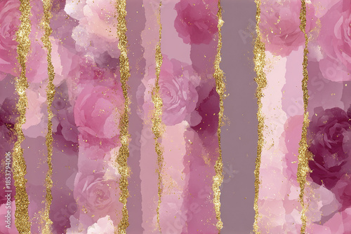 Pink rose gold abstract background with glittering vertical stripes and soft floral patterns creating delicate and elegant design with warm and romantic feel