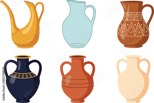 Collection of Decorative Ceramic Vases and Pottery Jugs Featuring Traditional Clay Amphora Glass Pitcher and Terracotta Vessels for Interior Design Graphics