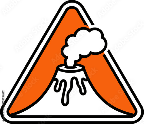 Volcanic Eruption Warning Icon – Orange Triangle Hazard Sign with Erupting Volcano and Smoke, Bold Black Outline, Simple Flat Symbol