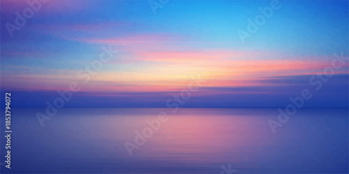 Beautiful sunset and sunrise over the horizon of the blue sea and ocean water where orange clouds reflect a colorful sky at dusk and dawn