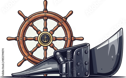 Vintage nautical elements ship wheel and rudder illustration maritime design
