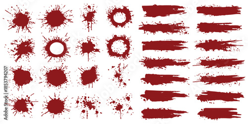 A collection of blood splatters and artistic red grunge brush strokes for graphic design