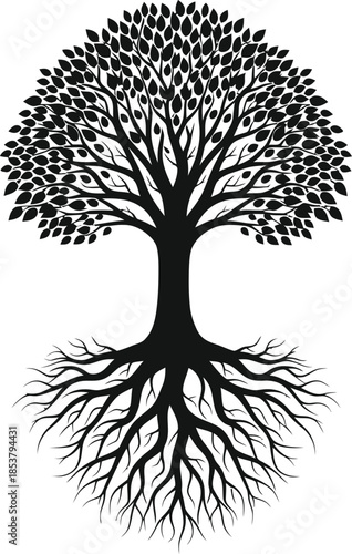 Intricate black and white illustration of a tree with detailed roots and crown