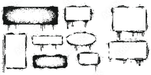 Set of black grunge frames with spray paint effect and ink drips on white background