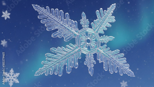 Detailed image of a single large transparent snowflake with intricate patterns on a dark blue background with smaller snowflakes