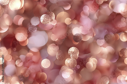 Soft glowing bokeh lights with rose gold glitter effect create warm and elegant abstract background perfect for festive or romantic themes