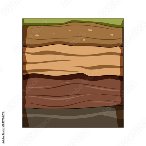 Ground profile showing varied soil layers and horizons, illustrating the different compositions, depths, and colors of the earth's subsurface structure with green grass on top