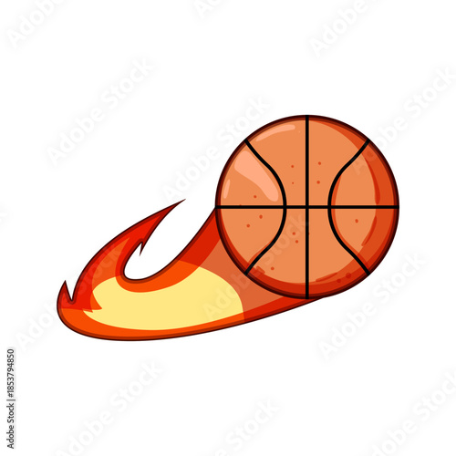Basketball streaking with a fiery tail across a white background, symbolizing speed, power and dynamic action in competition, scoring, and athletic performance