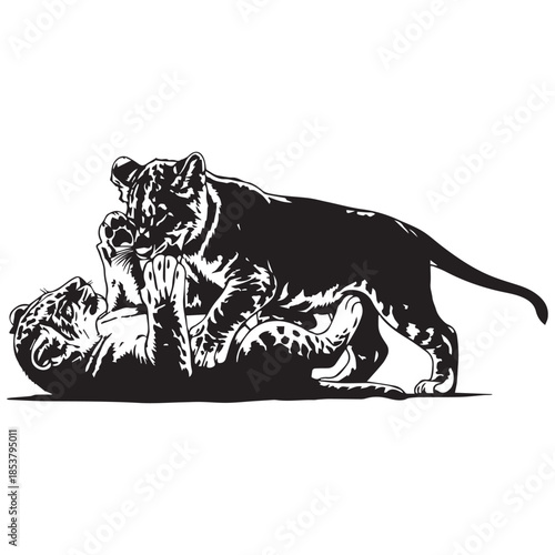 Majestic tiger interacting with cub in playful natural setting