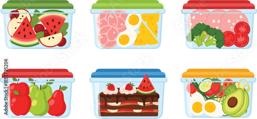 Collection of Meal Prep Glass Containers with Healthy Food Including Fruits Vegetables Eggs Meat and Cake for Diet Planning and Kitchen Storage