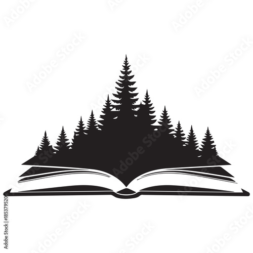 Open book with pine forest silhouette emerging from pages