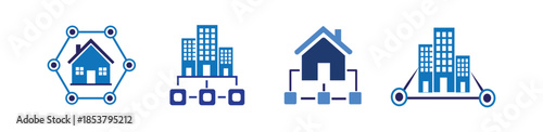 Facility and amenity icon set for residential house and building connection.