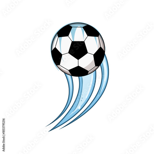 Soccer ball in dynamic motion, featuring a classic black and white pattern with blue speed lines trailing behind, symbolizing energy and rapid movement in competitive sports
