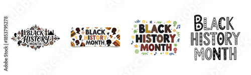 Black history month celebration graphics with diverse cultural icons