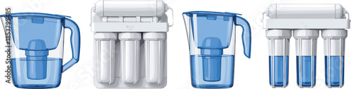Collection Of Modern Water Filtration Systems Including Blue Countertop Pitchers And Multi Stage Reverse Osmosis Purifiers For Clean Healthy Drinking Water