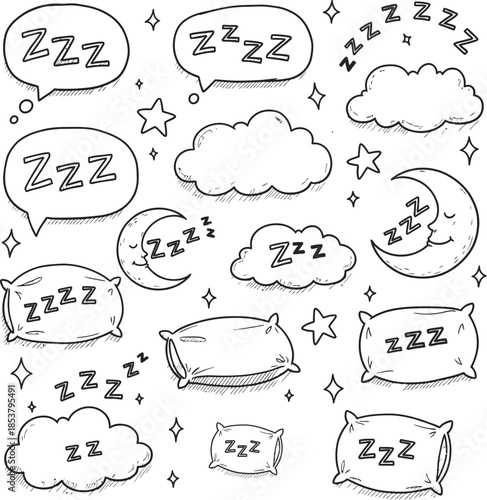 Sleep zzz icon, hand drawn zzz symbol for sleeping, doodle illustration, zzz Zzzz bed sleep snore sound bubble set, snore bubble with cartoon cloud, line emoji for dreamy and relaxed vector set