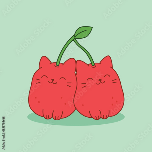 Cute Cherry Cats Illustration with Sweet Kawaii Style and Minimal Flat Design