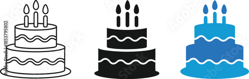 Birthday Cake Icon Set – Stylized Celebratory Symbols in Outline, Solid, and Blue Variants