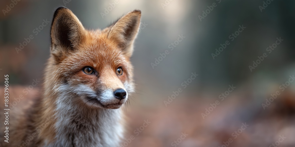 Obraz premium Fox stands in a forest with soft light during the early morning hours