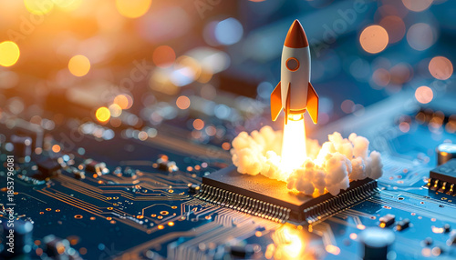 Mini rocket taking off from a motherboard, representing digital innovation, tech progress, and fast development.