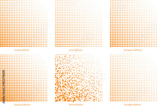 Set of Six Orange Halftone Dot Pattern Gradients Vector Collection. Graphic design elements for backgrounds.