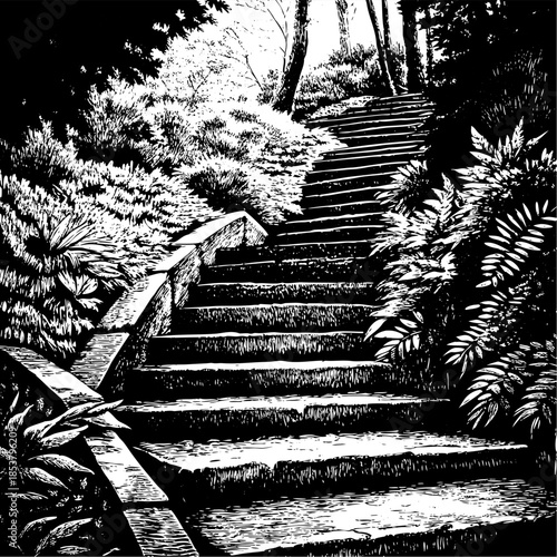 Staircase in Lush Garden Nature Scene