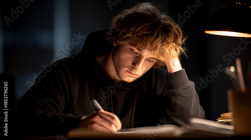 A young man focused on writing a letter or studying under a lamp at night