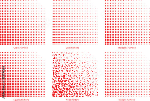 Vector Collection of Red Halftone Dot Gradient Patterns Set with Various Shapes