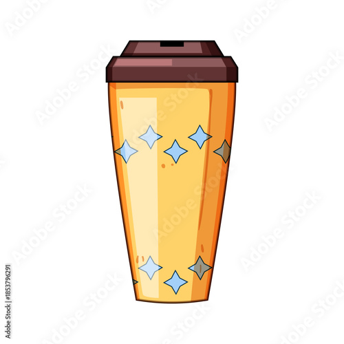 Reusable eco friendly travel mug isolated on a white background, featuring a vibrant yellow body and a brown lid, promoting sustainability and daily convenience