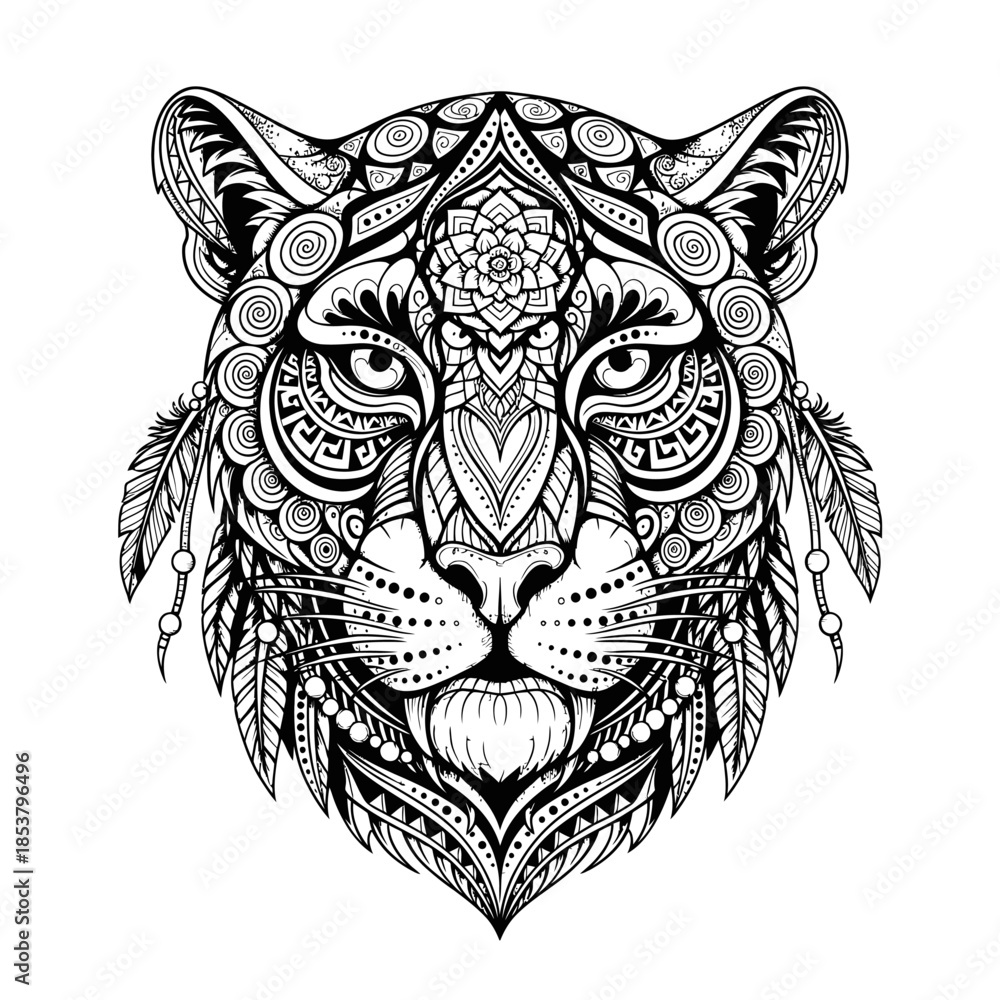 Fototapeta premium Intricate Black and White Tiger Face Illustration.
