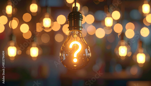 Hanging decorative light bulb featuring a glowing question mark, representing uncertainty, creativity, and imagination.