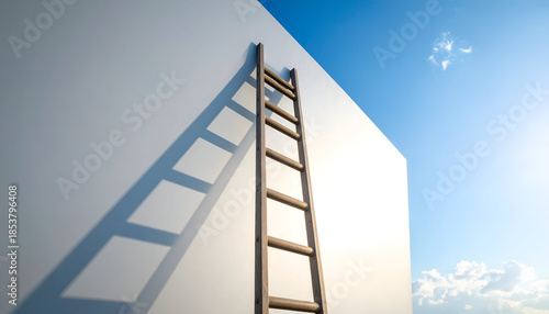 Ladder reaching up a tall wall, concept of growth, ambition, and overcoming obstacles.