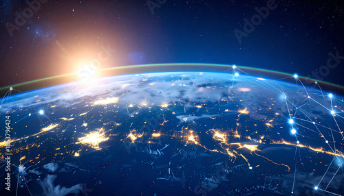 Connected Earth illustration showing global communication, data exchange, and networking.