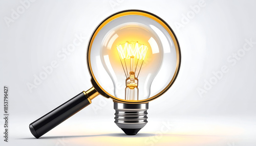 Bright light bulb with magnifying glass, illustrating analysis, knowledge, creativity, and inspiration.
