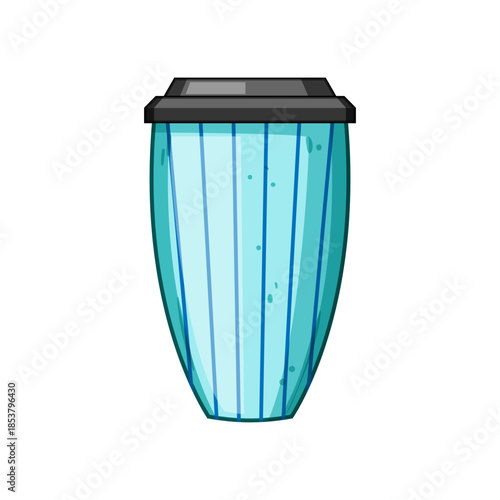 Reusable thermo mug showcasing vertical blue stripes on a light blue background with a black lid, representing sustainable living and eco friendly beverage consumption