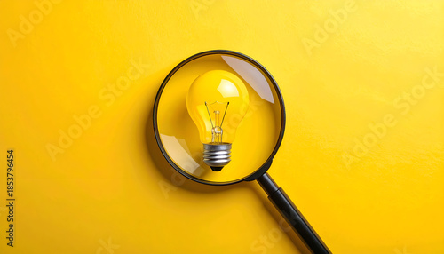 Yellow light bulb with magnifying glass, symbolizing idea search, innovation, and creative thinking.