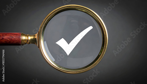 Check mark seen through magnifying glass, representing accuracy, validation, and successful review.