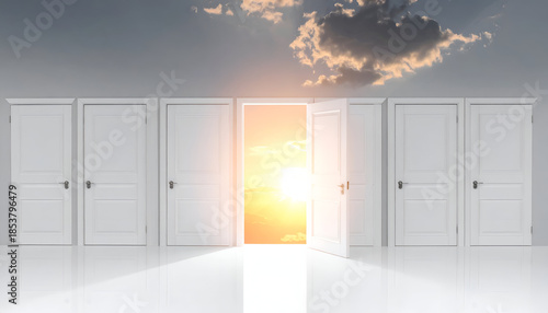 Many closed doors with one open door shining with light, concept of opportunity, growth, and new beginnings.