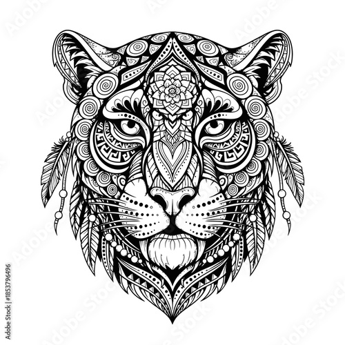 Intricate Black and White Tiger Face Illustration.