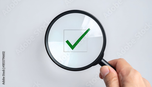 Concept of approval and confirmation with magnifying glass focusing on a tick symbol.