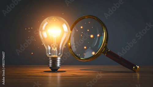 Glowing light bulb with magnifying glass on table, symbolizing creativity, ideas, and analysis.