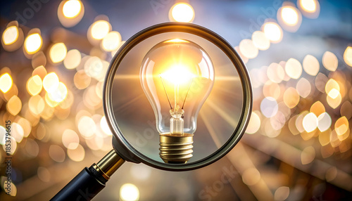 Magnifying glass examining a bright light bulb, concept of research, insight, and problem solving.