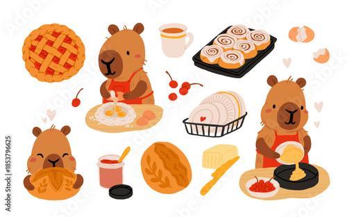 Cozy Capybara Baking Vector Set. Cute Capybara Cooking Pastries, Bread, Pancakes, Pie, Cinnamon Rolls, Homemade Desserts, Cottage Kitchen Illustration