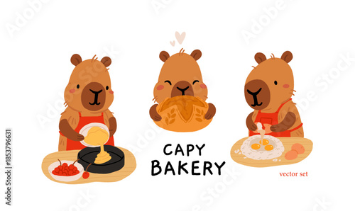 Cozy Capybara Baking Vector Set. Cute Capybara Cooking Pastries, Bread, Pancakes, Pie, Cinnamon Rolls, Homemade Desserts, Cottage Kitchen Illustration