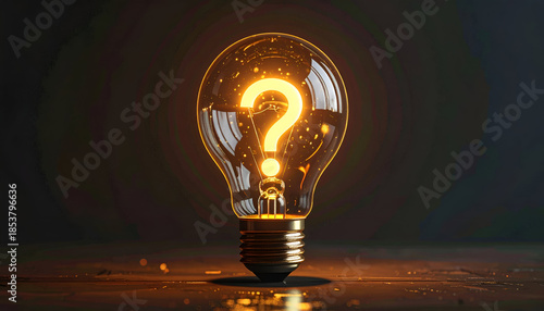Glowing light bulb with a question mark symbol inside, representing curiosity, innovation, ideas, and creative thinking.